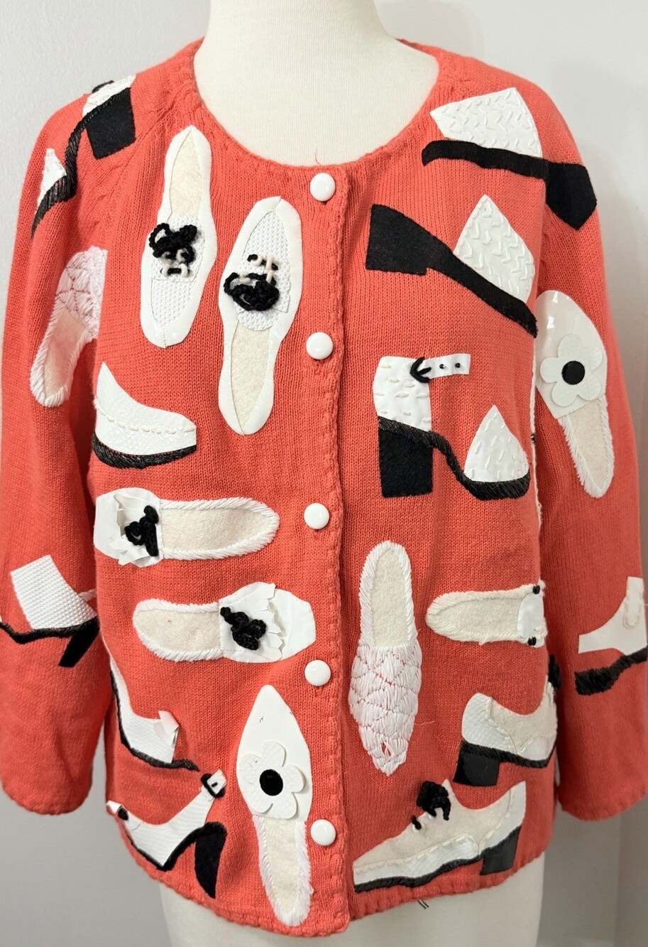 Vtg Michael Simon NY Womens Sz XL Pink Shoe Cardigan Novelty Appliquรฉ Sweater